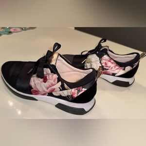 Ted Baker Floral Satin Sneaker Black Floral Print Rose Gold Bow Detail EU38US7.5